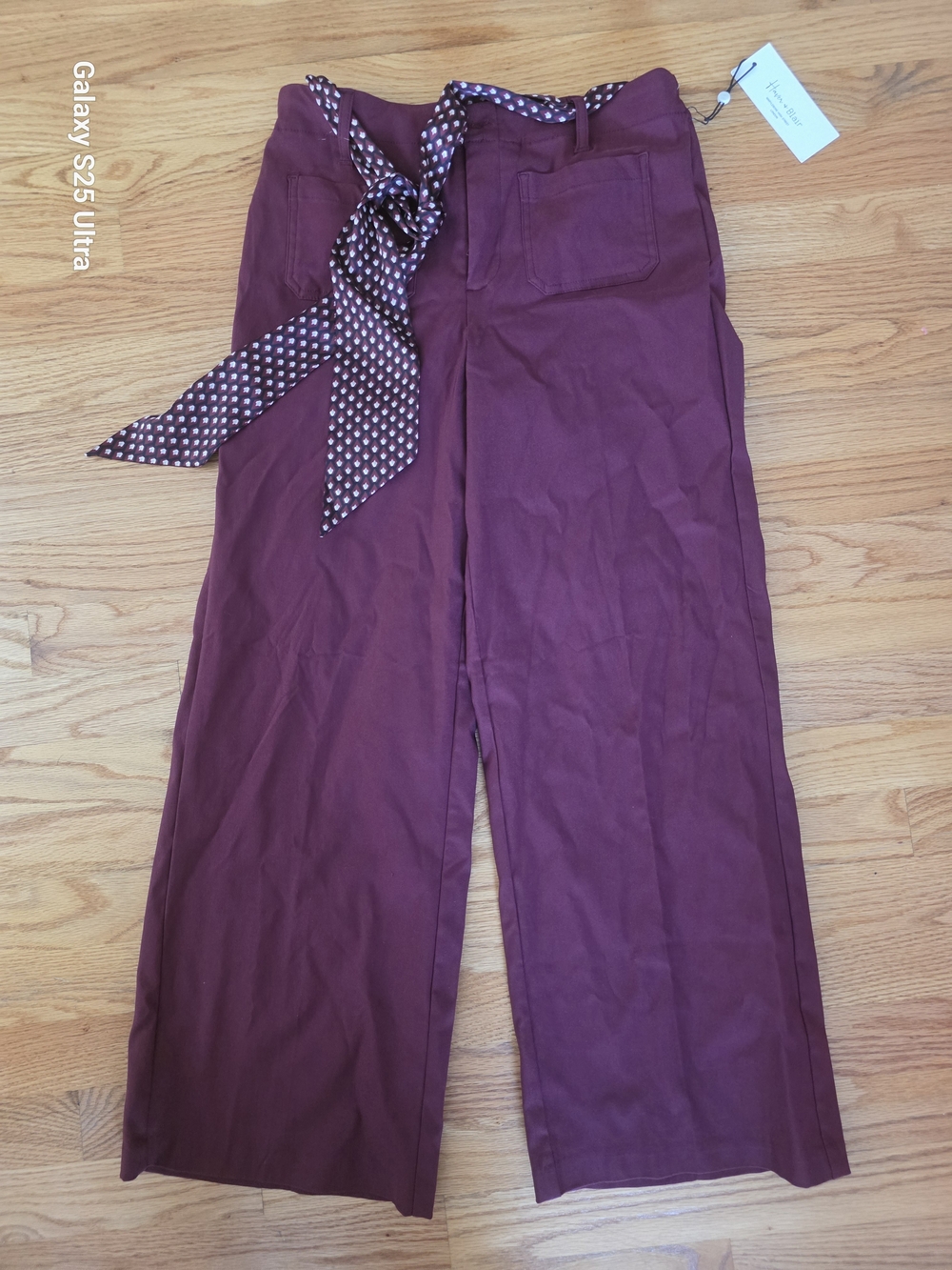 High-Rise Wide-Leg Pants with Polka Dot Tie - Plum (Ankle Length)